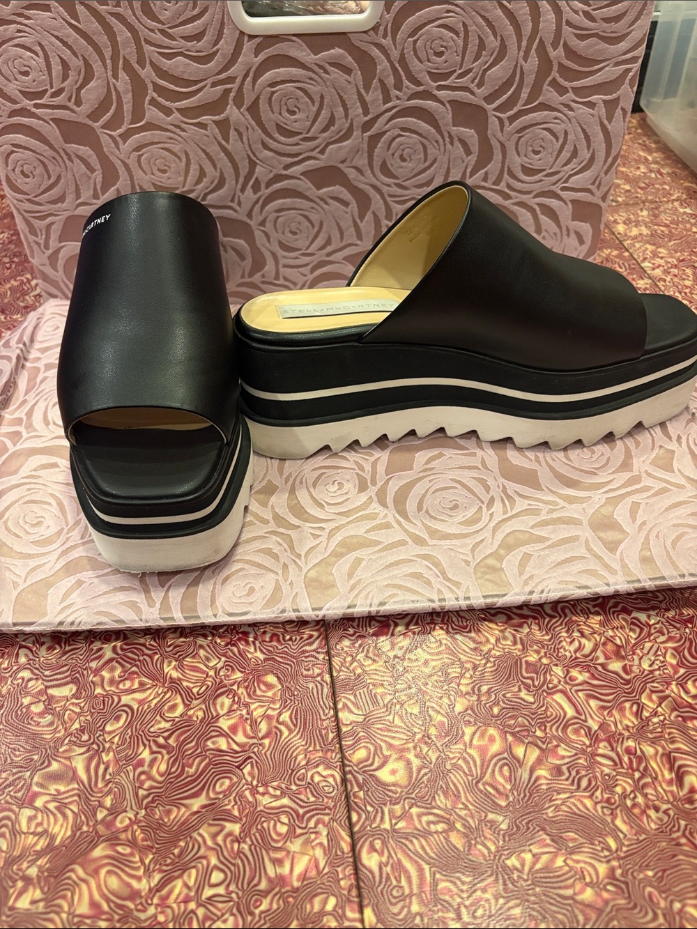 Stella McCartney sneak Elyse platform mules chunky striped wedge platform sole